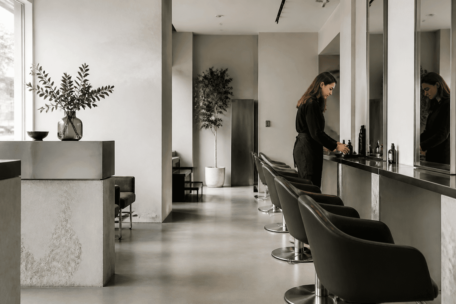 Ruhiger, moderner Salon mit vorbereiteten Arbeitsplätzen